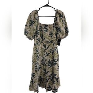 Macy's - Dylan Ryan NYC Leaf-Print Puff Sleeve Ruffle Hem Dress Size L NWT